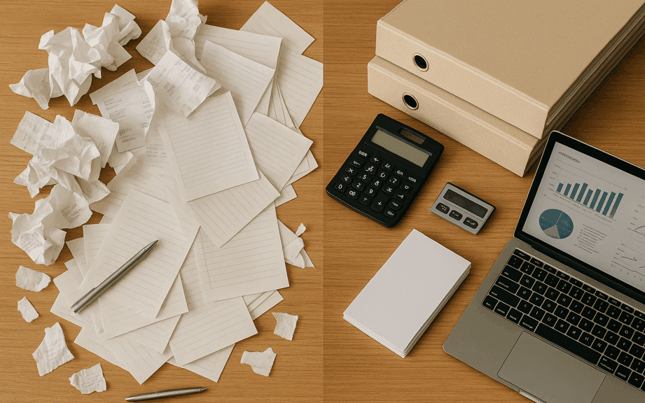Two halves of a desk illustrating the transition from chaos into clarity